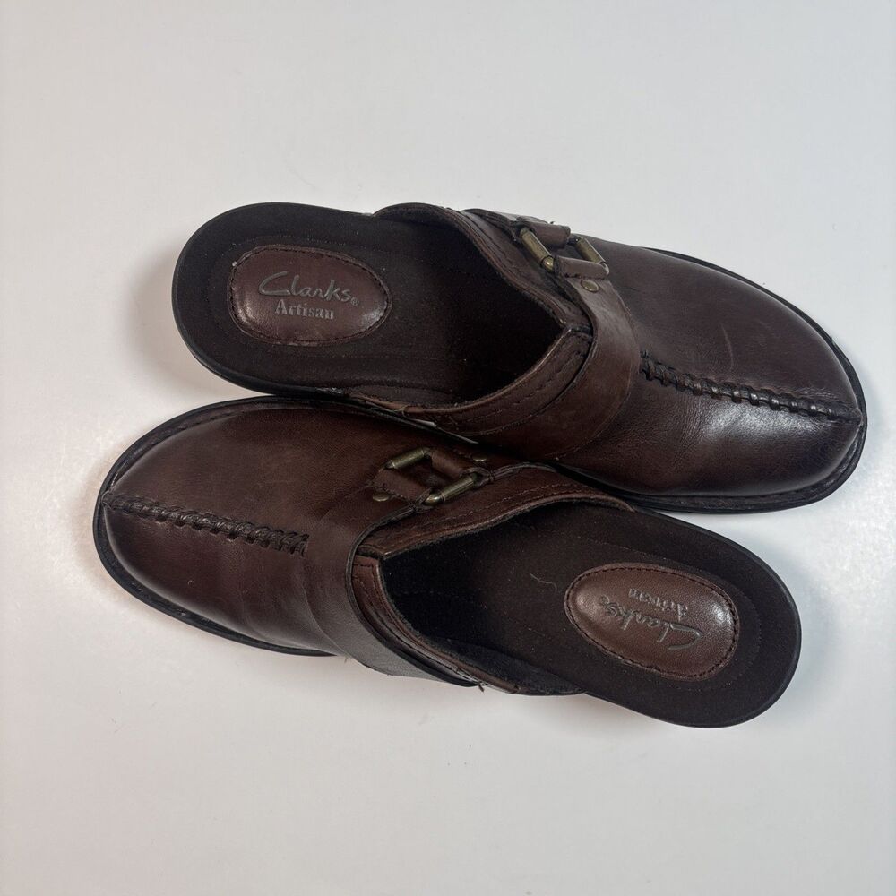 Clarks Collection Women' Clogs Mules SlipOn Brown Leather Buckle Accent Sz 6 1/2